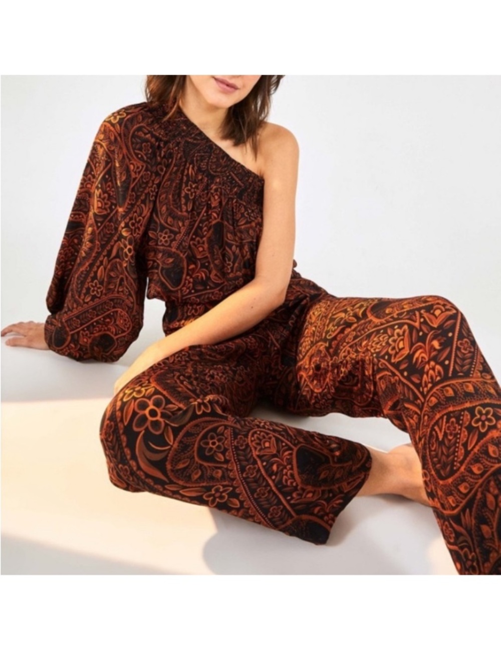 FARM Rio Camouflage Snake Black & Burnt Orange One Shoulder Jumpsuit Size Small